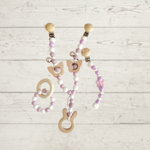 Lilac & White Pacifier Clip, Pram Mobile & Teether