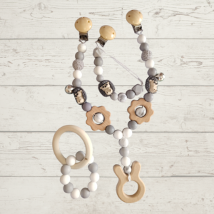 Hedgehog Grey & White Pacifier Clip, Pram Mobile & Teether