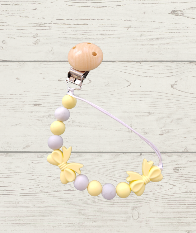 Yellow & grey round beads with yellow bow ribbons
