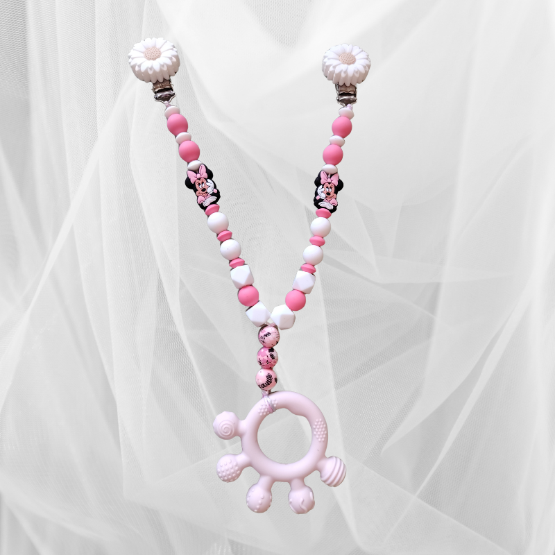 Pink & white Minnie Mouse with white flower clips